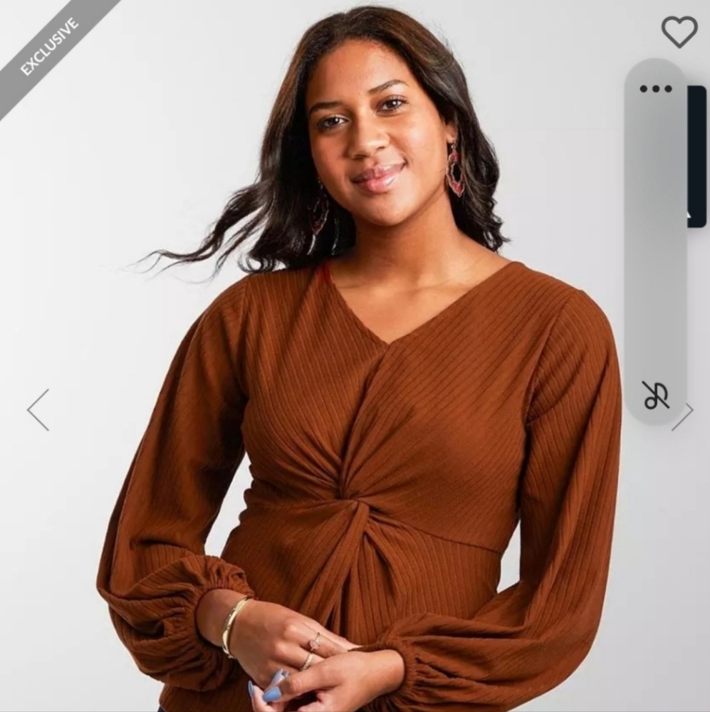 Buckle Black Burnt Orange Brown Long Sleeve Knotted Top Size Small